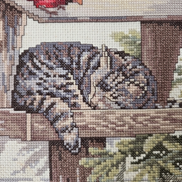 Finished Cross Stitch Cat Cardinal Art 14" Frame Needle Treasures Caught Napping - Picture 6 of 9